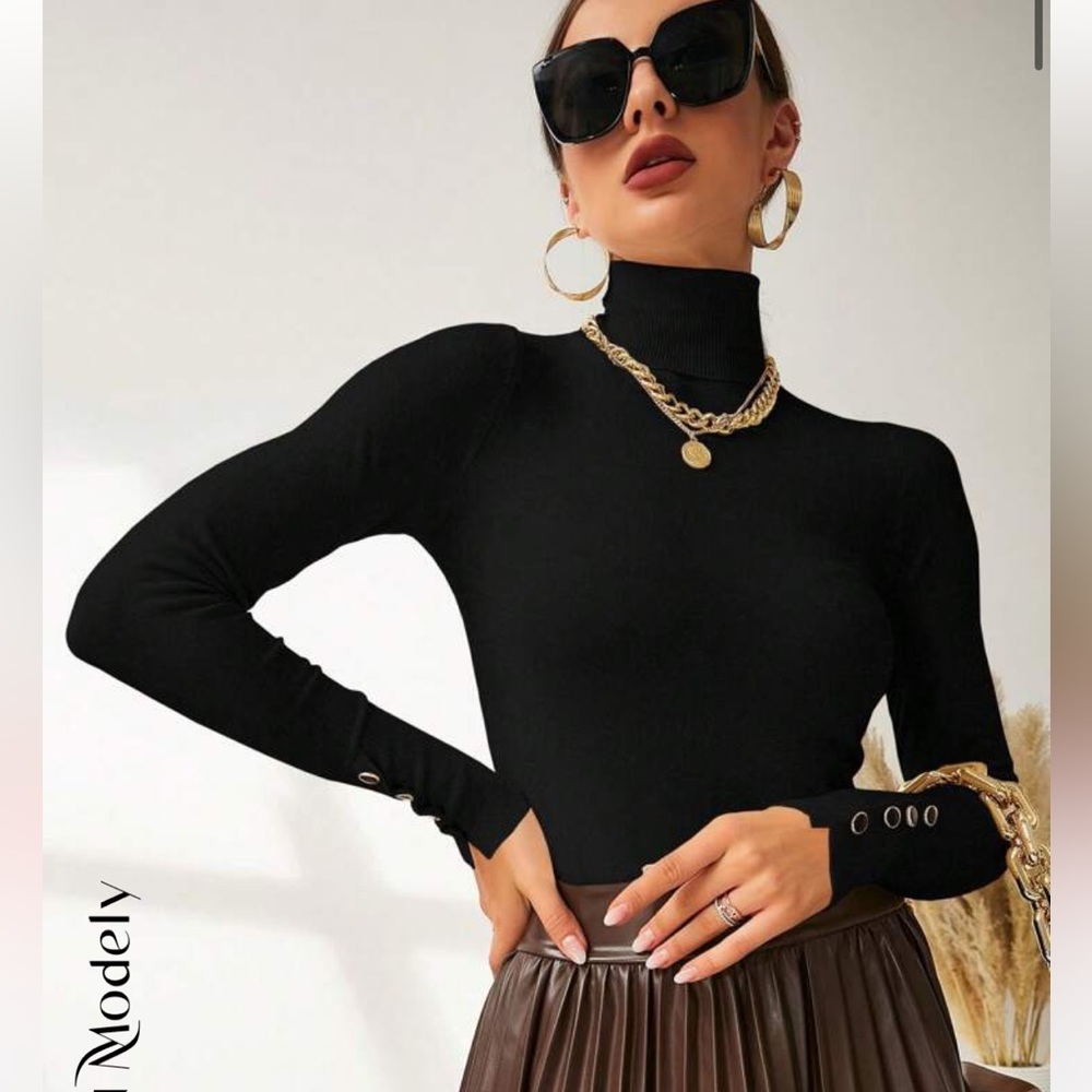 SHEIN Modely Black Ribbed Turtleneck Sweater Button Cuff Size L 8/10